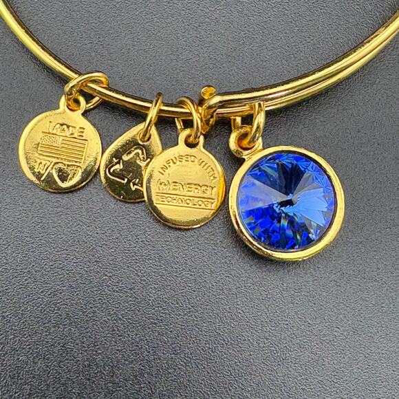 Alex & Ani Gold Tone Blue Rivoli Rhinestone Charm Bracelet - Picture 3 of 3